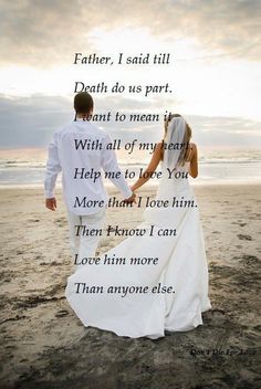 a bride and groom walking on the beach holding hands with an i love you message