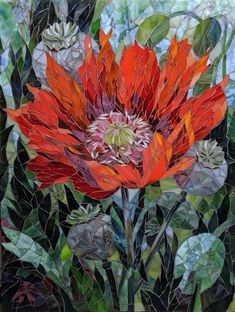 a painting of a red flower with green leaves