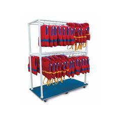 two tiered rack with red and blue shirts on it's sides, one shelf is