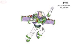 buzz lightyear from toy story flying through the air with his arms out and feet in the air