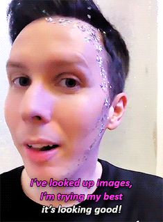 a man with glitter on his face and the words i've looked up images, i'm trying my best it's looking good