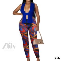 Zlily - Stylish Y2K Strappy Two-piece Set, Trendy Bandage Sleeveless Cut Out Tops & Fashionable Printed Bodycon Pants Set, Womens Clothing Blue Sleeveless Sets For Night Out, Two Piece Sets, Pants Set, Cut Out, Two Piece, Women's Clothing, Composition, Sleeve Length, Clothes For Women