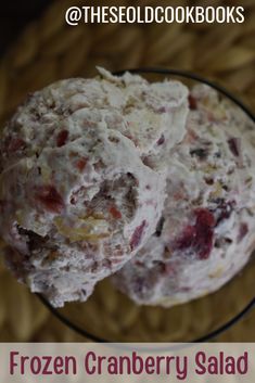 frozen cranberry salad in a glass bowl with text overlay that reads frozen cranberry salad