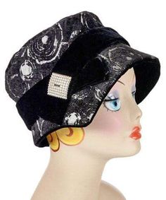 THE ABIGAIL - Handmade in Seattle, WA, USA. This 1920s style hat is shown in Crop Circles Chenille Upholstery Fabric with a Black Velvet under-brim and a 1-3/4" Black Velvet band. This is a whimsical, asymmetrical hat style with a flexible brim that can be flipped up or down. Available in solid or two-tone styles. Brim is 2" at center front curving into 3-1/2" at the asymmetrical point and 1-1/2" at center back of hat. Side crown height is 3-1/2". Crown circumference measures 7-1/2". Shown with Ruff Collar, 1920s Style, Cozy Coats, Large Hats, Crop Circles, Hat Style, 1920s Fashion, Black Square, Real Fur