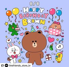 a brown bear surrounded by balloons and confetti on a blue background with the words happy birthday brown