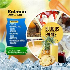 an advertisement for a book us events featuring pineapples, books, and drinks