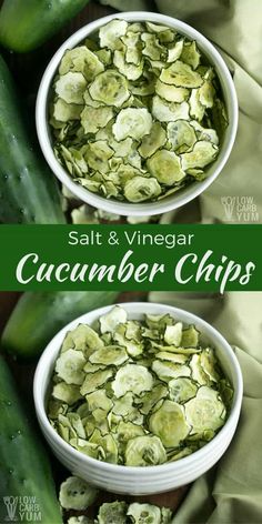 two white bowls filled with cucumber chips