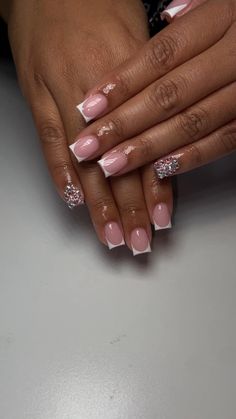 Birthday Nails Ideas Short, French Tip With Gems Rhinestones, Nail Gems Designs, Dope Nail Designs, Short Square Acrylic Nails