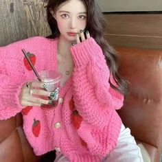 Color: Pink, Size: L 50-55KG Crochet Cardigan Pink, Preppy Mode, Pullover Mode, Warm Cardigan, Tight Sweater, Cardigan Pink, Loose Cardigan, Knitting Women Cardigan, Estilo Preppy