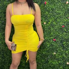 Yellow Sleeveless Ruched Dress With String 92% Polyester 8% Spandex Yellow Sleeveless Bodycon Dress For Date Night, Yellow Ruched Sleeveless Mini Dress, Yellow Sleeveless Ruched Mini Dress, Yellow Summer Dress, Ruched Dress, Summer Dress, Colorful Dresses, Summer Dresses, Spandex