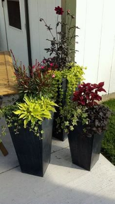 three black planters with different types of flowers in them sitting on a porch next to a door