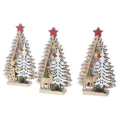 three wooden christmas trees with lights on them