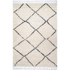 a white and black rug with fringes on the bottom, in front of a white background