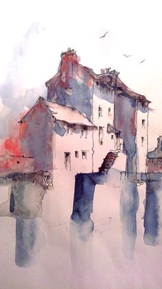 watercolor painting of an old building with seagulls flying over it