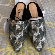 Who What Wear Sparkly Black/Gray Sequined Mule Flats! Great Slides Ready For Holiday Wear! Sure To Dress Up Any Outfit! Brand New Still In Box! Closed Toe Party Mules For Fall, Fall Party Closed Toe Mules, Synthetic Mules For Party In Fall, Mule Flats, Holiday Wear, Mule Clogs, Who What Wear, Mules Shoes, Wearing Black