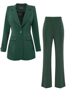 Striking the right balance between contemporary cool and sophistication, this power suit is cut from a luxurious stretch crêpe fabric in an unmissable dark green color.  Expect a blend between classic tailoring and comfort-focused details in this slightly oversized highly flattering fit. The blazer is fully lined with silky satin that feels smooth and comfortable on your skin.  The trousers reinterpret the classic palazzo pair with a polished edge and will fit perfectly in your capsule wardrobe. Sharply tailored to inject ensembles with confidence, their high waistband and full-length legs with draped hem detailing create a flattering elongated silhouette. This investment piece is versatile enough to style and wear repeatedly. Hand wash only. Wash inside out with like colours. Do not wring Luxury Purple Blazer With Notch Lapel, Luxury Fitted Classic Suits, Luxury Classic Fitted Suits, Sleek Luxury Suits For Semi-formal Occasions, Classic Fitted Luxury Suit, Green Magic, Turquoise Blue Color, Magic Hour, Green Suit