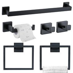 bathroom accessories including toilet paper, tissue roll and towel rack with black finish on white background