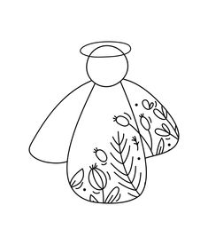 a black and white drawing of an angel holding a bag with plants on it's side