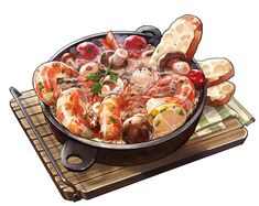 a pan filled with lots of food on top of a wooden cutting board next to bread