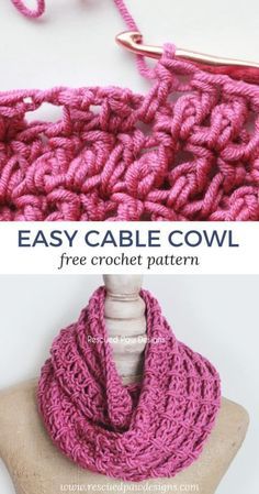 an easy crochet cowl is shown with the text, easy cable cowl