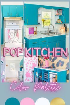 a kitchen with blue cabinets and pink walls