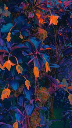 an abstract painting of orange and blue leaves on a tree in the evening sun,