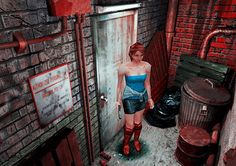 a woman in short shorts and knee high boots standing next to a brick wall with red paint on it