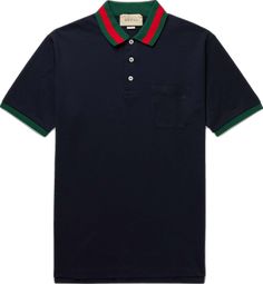 Cotton Polo Shirt With Striped Cuffs, Designer Cotton Tops With Striped Collar, Cotton Polo Shirt With Signature Stripes, Luxury Polo Shirt With Striped Collar, Casual Gucci Polo Shirt, Classic Collared Polo Shirt With Signature Stripes, Classic Polo Shirt With Signature Stripes, Casual Gucci Collared Polo Shirt, Gucci Casual Collared Polo Shirt