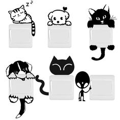 an image of cats and dogs on the light switch cover decals set in black and white