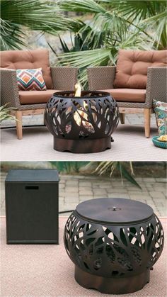 an outdoor fire pit sitting on top of a patio