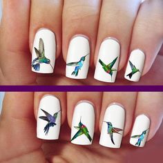 Hummingbird nail art 60 nail decals Humming bird by Marziaforever Bird Nail Art, Light Colored Nails, Camo Nails, Unghie Nail Art, Nail Stickers Decals, Vacation Nails, Gel Nail Design, Humming Bird, Dry Nails