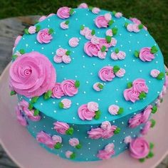 a blue cake with pink roses on it sitting on a plate in front of some grass