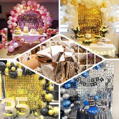 several pictures of balloons and decorations in different colors, shapes and sizes for a birthday party