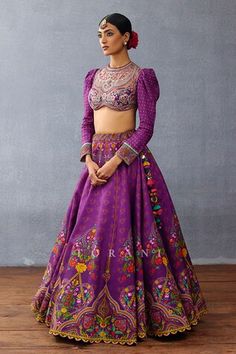 Purple attached cancan lehenga with mughal, floral, rose print all over. Paired with sequin, thread embroidered blouse and scallop bordered dupatta. - Aza Fashions Purple Lehenga With Motifs For Diwali, Purple Traditional Gown For Reception, Bohemian Wedding Gown For Diwali, Semi-stitched Purple Lehenga For Traditional Ceremonies, Purple Dola Silk Choli With Cutdana Details, Purple Lehenga For Navratri Traditional Ceremonies, Bohemian Wedding Lehenga With Pallu, Anarkali Purple Choli For Traditional Ceremonies, Purple Sharara With Motifs For Wedding