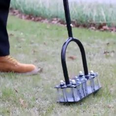 a person standing in the grass with a walking stick