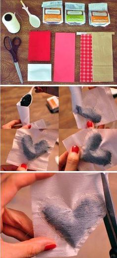 the steps to make a heart - shaped paper bag with scissors and other crafting supplies