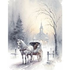 horse and buggy vf in front of a church on a snowy day with trees