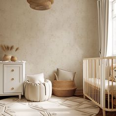 a baby's room with a crib, dresser and bed