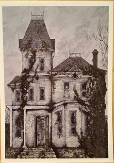 a drawing of a large house with trees in the front yard and stairs leading up to it