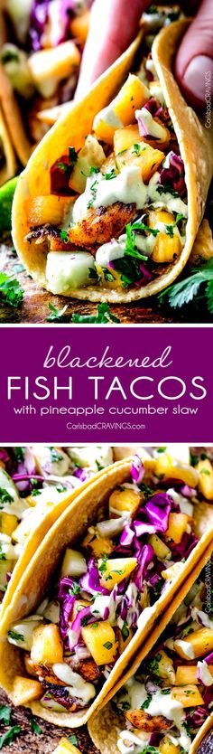 fish tacos with pineapple slaw and cilantro sauce