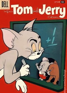 an old comic book with tom and jerry on it's cover, the cat is looking at himself in the mirror