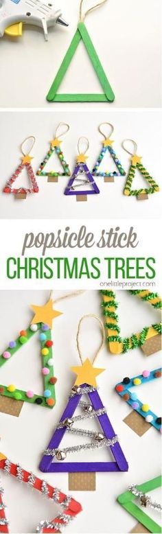 christmas tree ornament made out of popsicle sticks with text overlay that says magnetic stick christmas trees