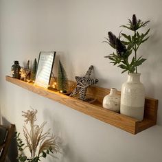 a shelf with some plants and pictures on it