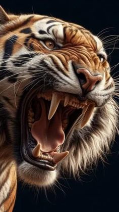 a close up of a tiger's face with its mouth open