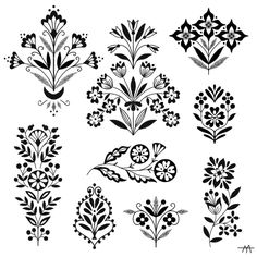 black and white floral designs on a white background, each with different flowers in the center