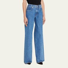 SLVRLAKE "Mica" wide-leg jeans  in a medium-wash denim Five-pocket style Low-rise Relaxed fit Full length Button/zip fly; belt loops Cotton Machine wash  Made in USA Relaxed Jeans, Low Rise, Wide Leg Jeans, Full Length, Wide Leg, Tops Designs, Relaxed Fit, Fashion Outfits, Luxury Fashion