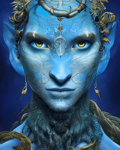 a digital painting of a man with blue skin and gold accents on his face, wearing an elaborate headpiece