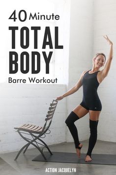 a woman standing on a yoga mat with the words 40 minute total body bare workout