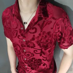 Peony Flower Pattern Velvet Transparent Short Sleeve Sexy Shirt Top Blouse Social Club Outfits Party Designer Shirt  -  GeraldBlack.com Velvet Shirt Men, Black Floral Shirt, Club Red, Shirt Streetwear, Velvet Shirt, Social Club, Floral Shirt, Shirt Men, Mens Summer