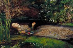 a painting of a woman laying on the ground next to plants and flowers, with her eyes closed